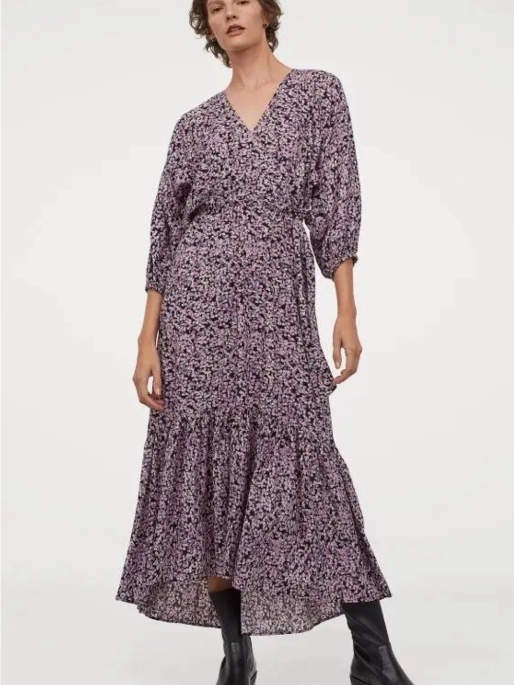 H&M Lavender Floral Print Faux Wrap-Style Dress